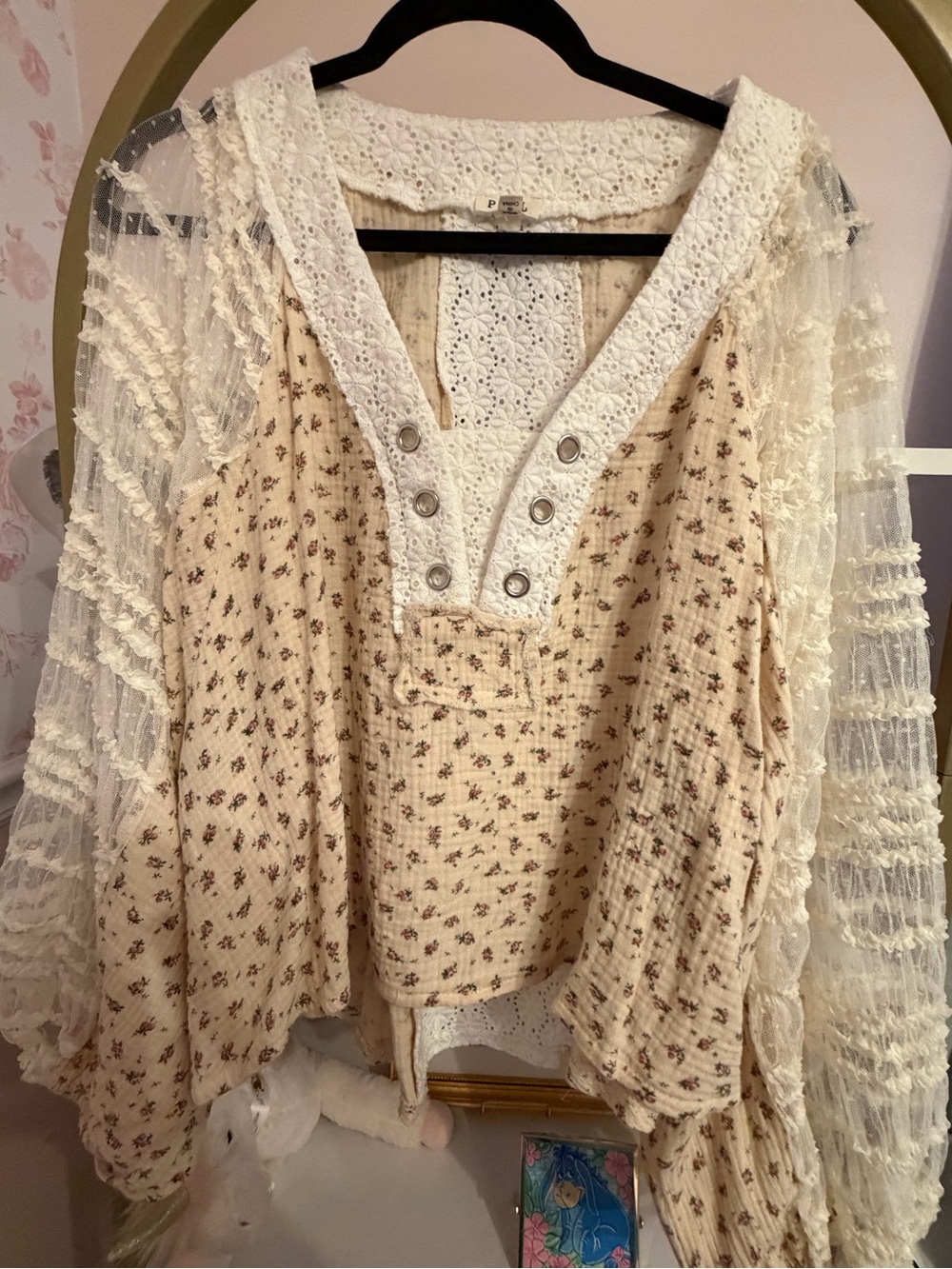 POL Cream Floral Lace-Trim Boho Tunic Top